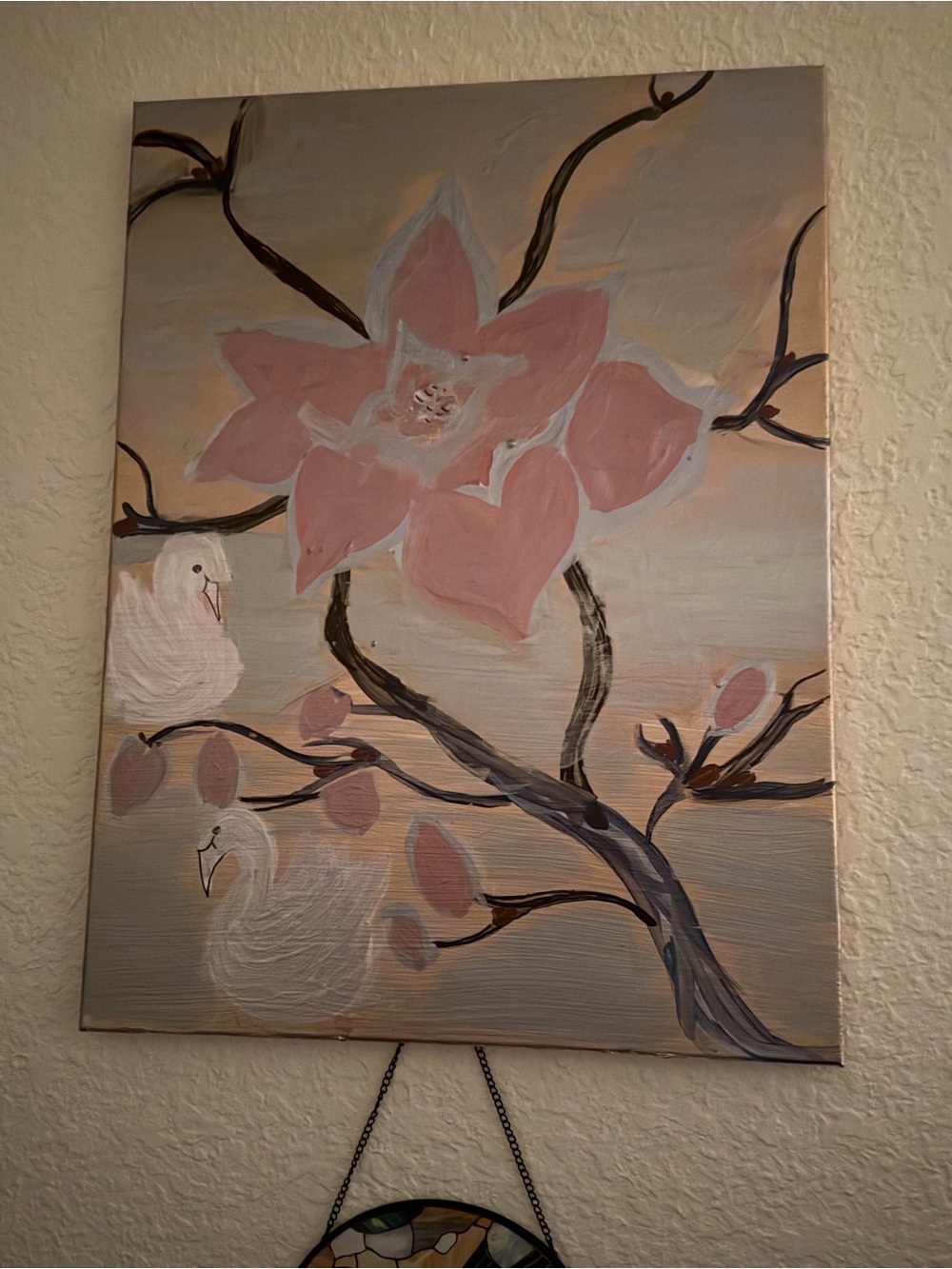 Pink Floral Canvas Painting with Blossoming Branch